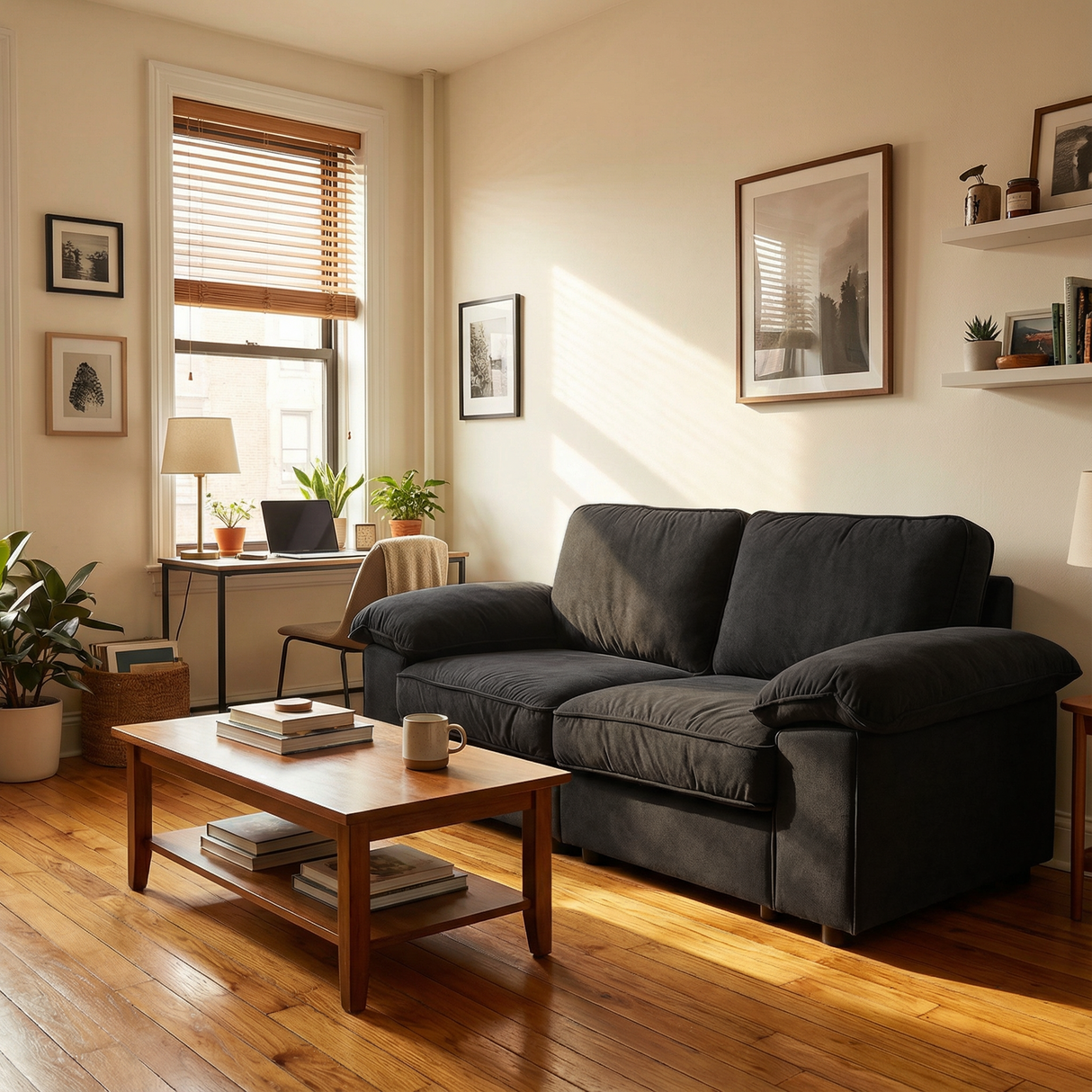 Black Velvet Compact Sofa with Hidden Storage