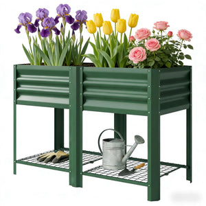 Outdoor Elevated Planter Box with Storage Shelf - Green