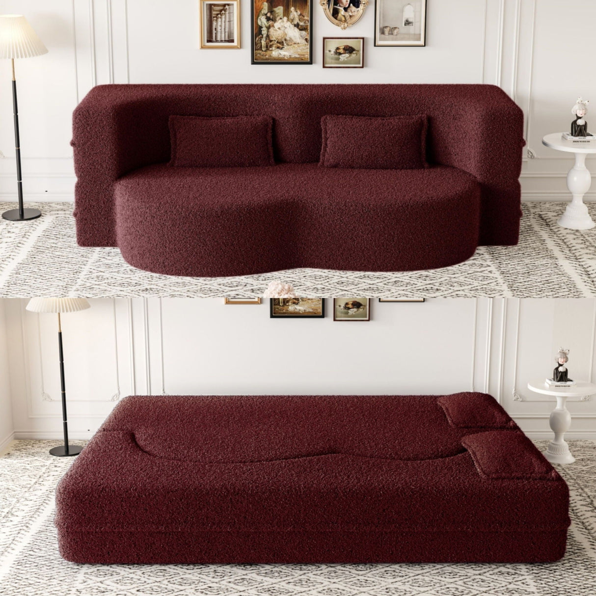 Modern Floor Sofa With 2 Pillows Convertible Teddy Fabric Foam Filled Bed