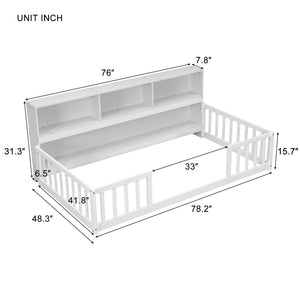 Floor Bed With Bedside Bookcase, Shelves, Guardrails