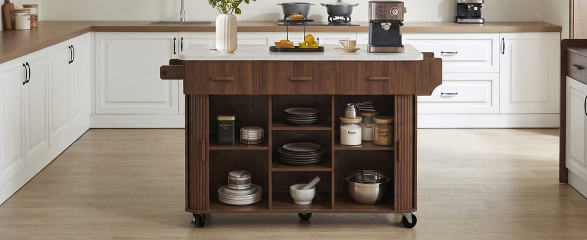 K&K 53.6" Kitchen Island with Drop Leaf, Rolling Cart, Power Outlet, Walnut Brown