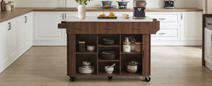 K&K 53.6" Kitchen Island with Drop Leaf, Rolling Cart, Power Outlet, Walnut Brown