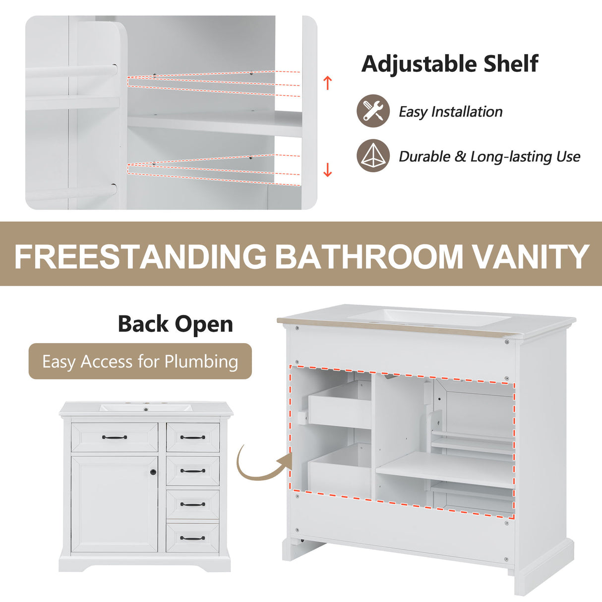 36" Bathroom Vanity With Sink, 2 Tip-Out Drawers, Soft Close Hinges