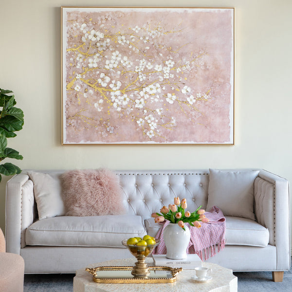59.1x47.2 Hand-Painted Cherry Blossom Canvas Art with Blush Pink and White Finish