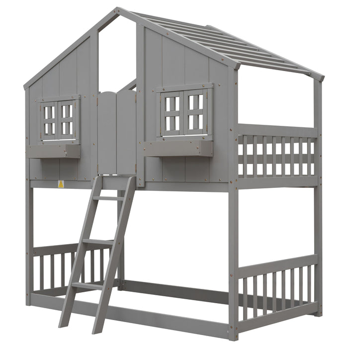 House Bunk Bed with Roof, Windows, and Safety Guardrails – Twin Over Twin