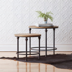 Natural-wood-and-metal-round-table-(set-of-2)-Accent-Tables