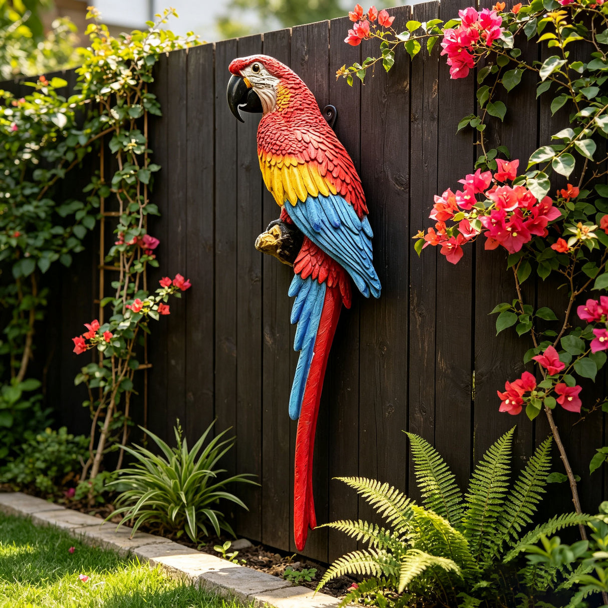 Hanging Scarlet Macaw Parrot Statue, 38'' Lifelike Hand-Painted Resin Bird Figurine Weatherproof Outdoor Tropical Sculpture for Porch, Balcony, Tree & Patio Garden Yard Decor, Cute Animal Ornament Gi