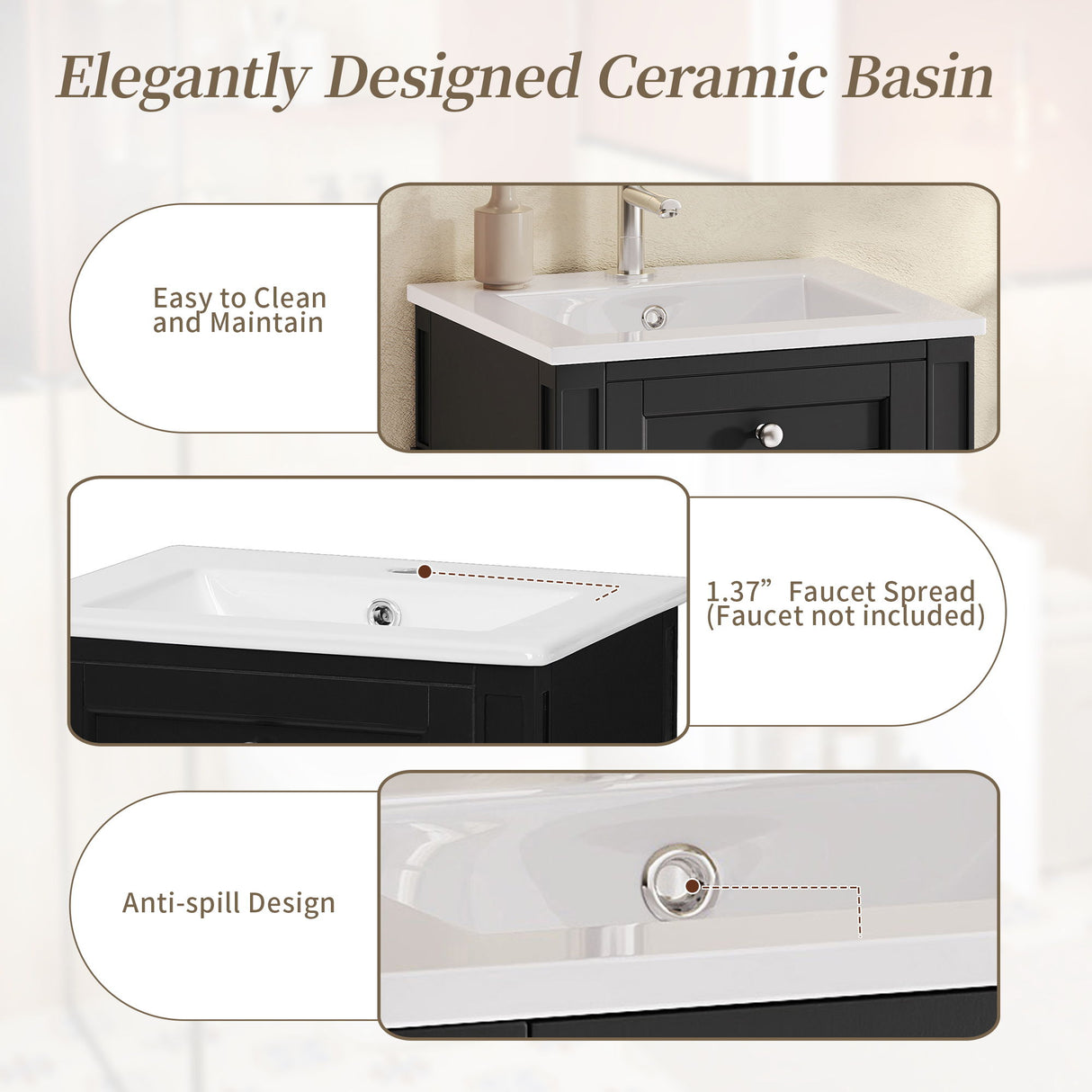 French Style Bathroom Vanity With Sink, Soft-Closing Door, Adjustable Shelf, Rectangular Design