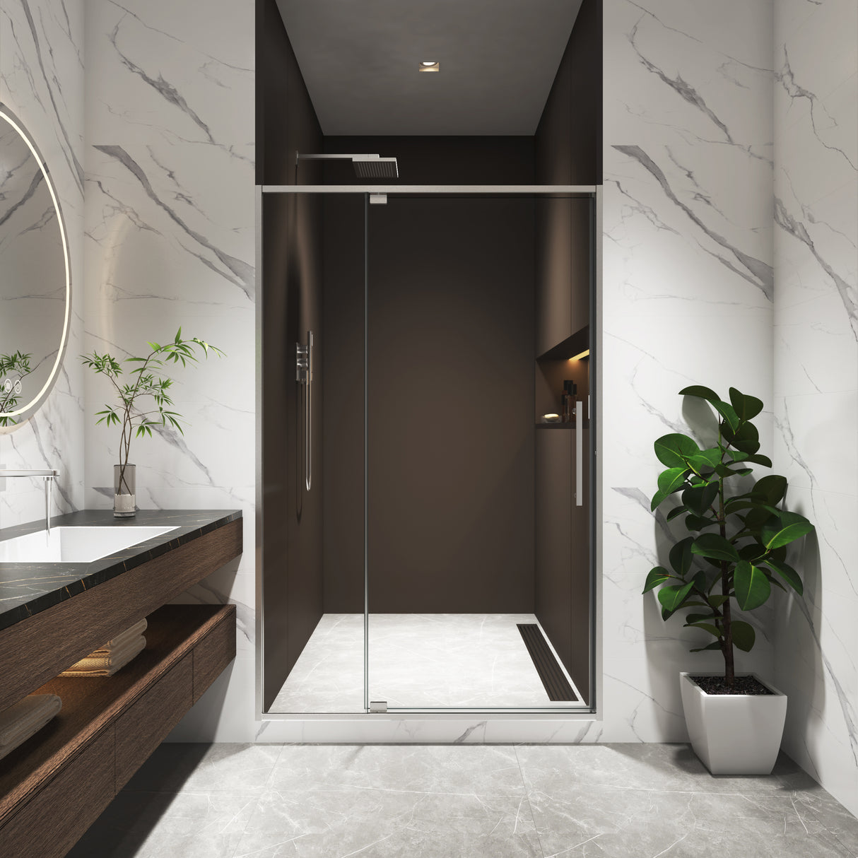44-48"W x 74"H Pivot Shower Door with Brushed Nickel Finish
