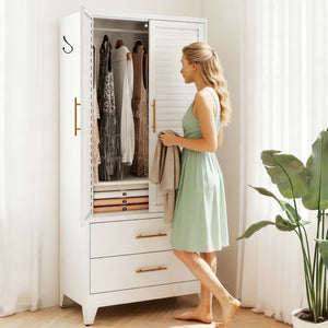 White Metal Wardrobe Closet with 2 Doors and Drawers