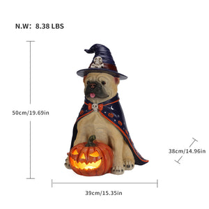 Halloween Bulldog Witch Statue, LED Light Up Jack-O-Lantern Pumpkin