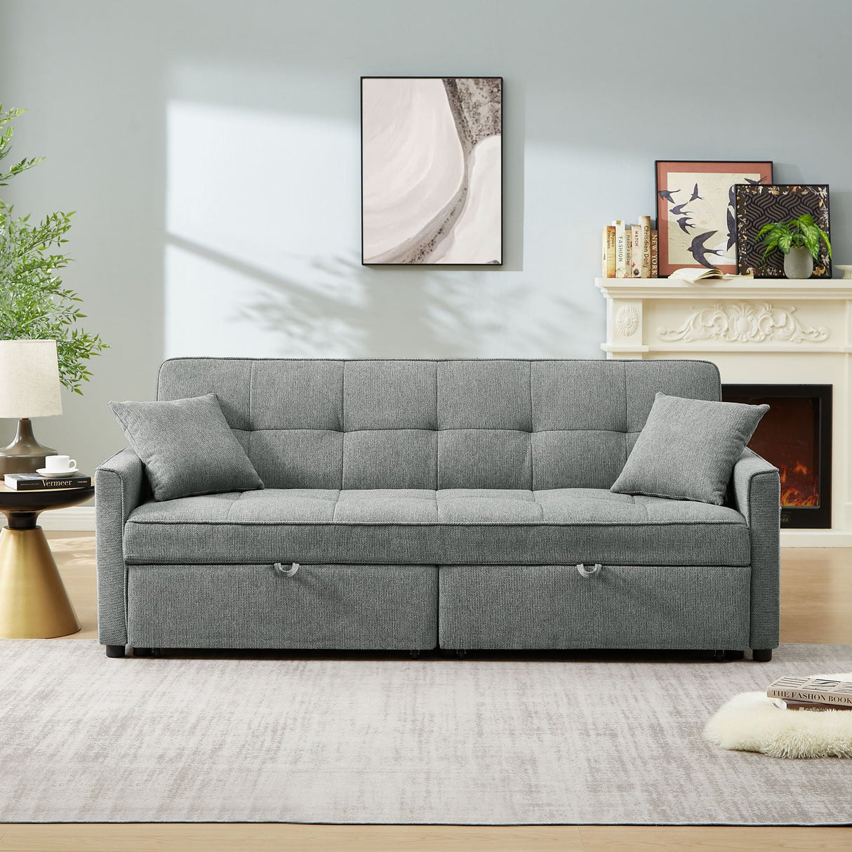 3 In 1 Convertible Sleeper Sofa Bed, Reclining Backrest, Pillows, Pockets