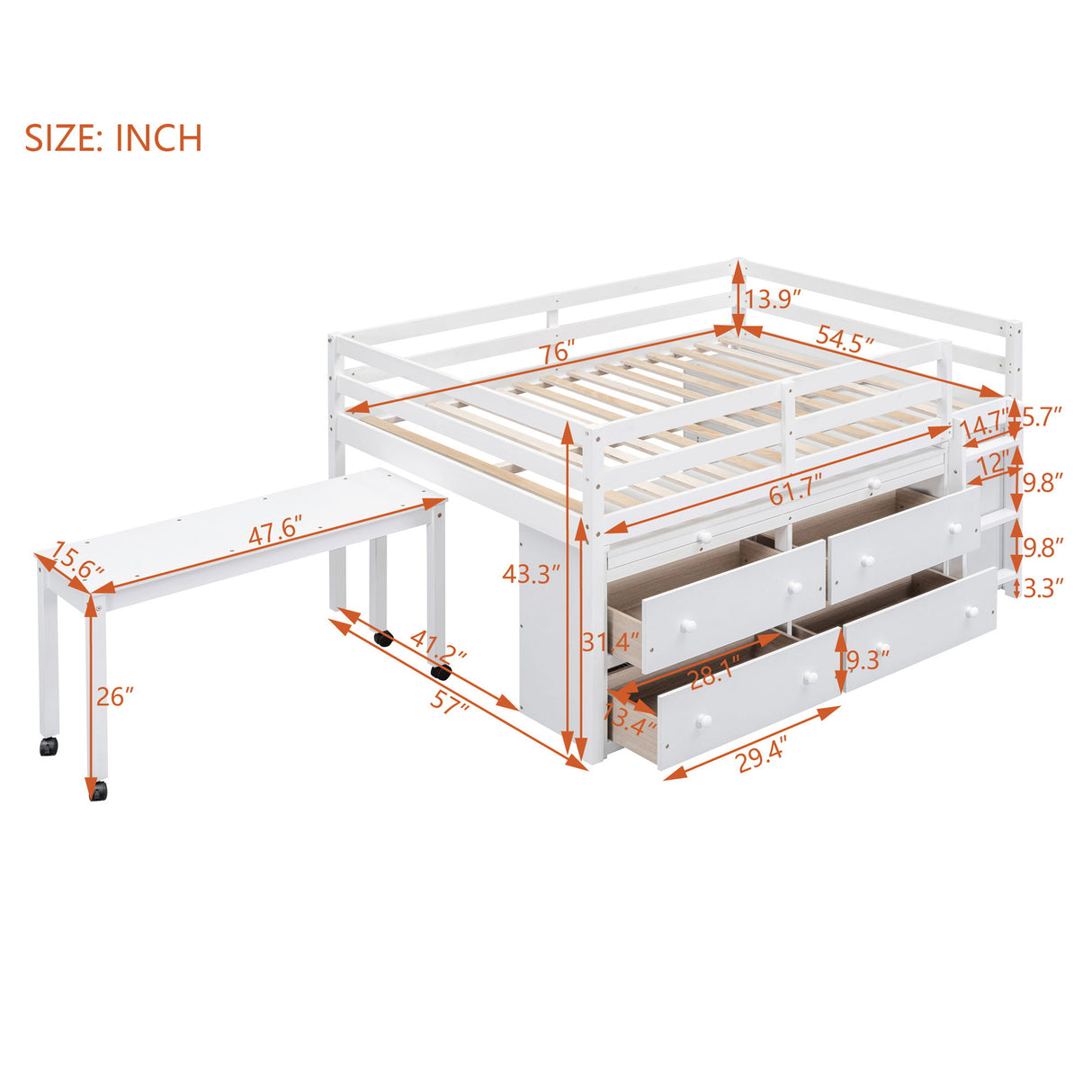 Loft Bed With Retractable Writing Desk And 4 Drawers, With Lateral Portable Desk And Shelves