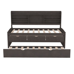 Captain Bed With Built In Bookshelves, 3 Storage Drawers, And Trundle