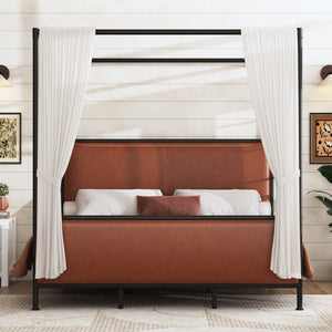 King Size Canopy Bed Frame With PU Upholstered Headboard