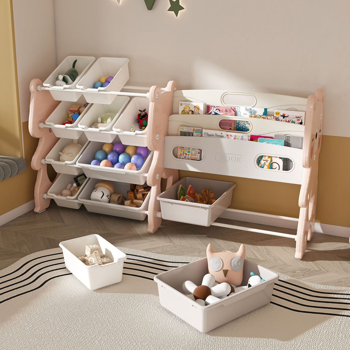 Kids Toy Storage Organizer With 2 Tier Bookshelf, Toy Storage With 12 Bins