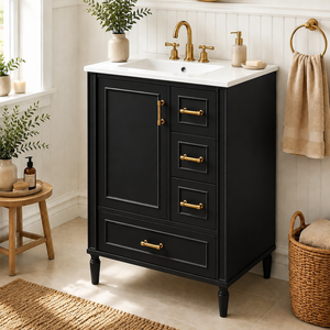 24" Modern Bathroom Vanity with Ceramic Sink, Soft-Close Doors & Drawers - Black