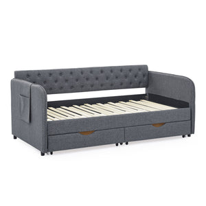 Daybed With Trundle And Storage Drawers, Flat Arms With Pocket