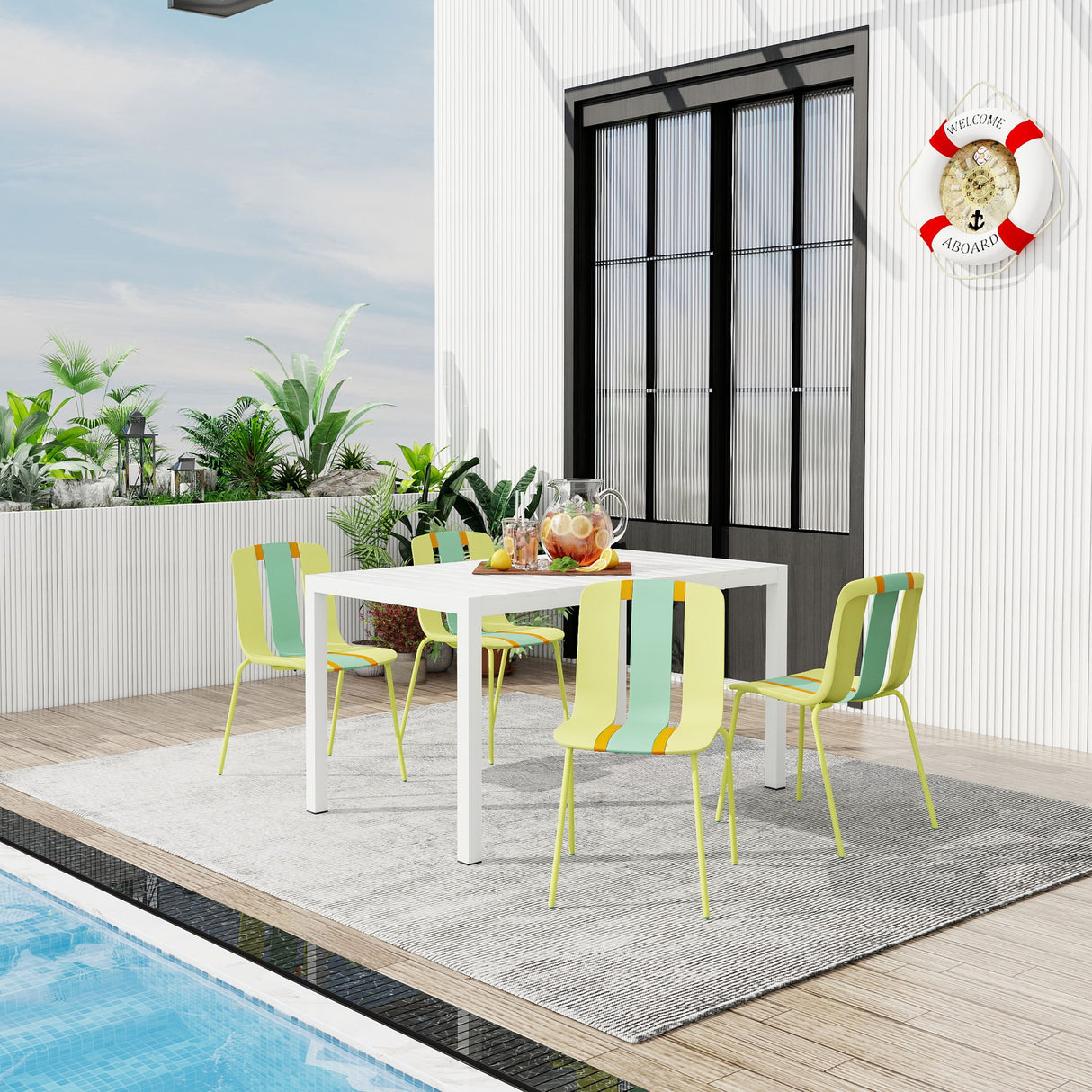 Modern Striped Blocking Single Chairs, Waterproof And Fade Resistant (Set of 4)