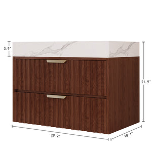 30" Modern Floating Bathroom Vanity with Seamless Sintered Stone Top & Ceramic Basin – 2 Soft-Close Drawers, Wall-Mounted