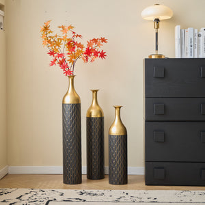 Elegant Floor Vase Set Metal Decorative Vases 3 Piece Set For Floral Display, Wedding & Gift Decor - Gold / Black