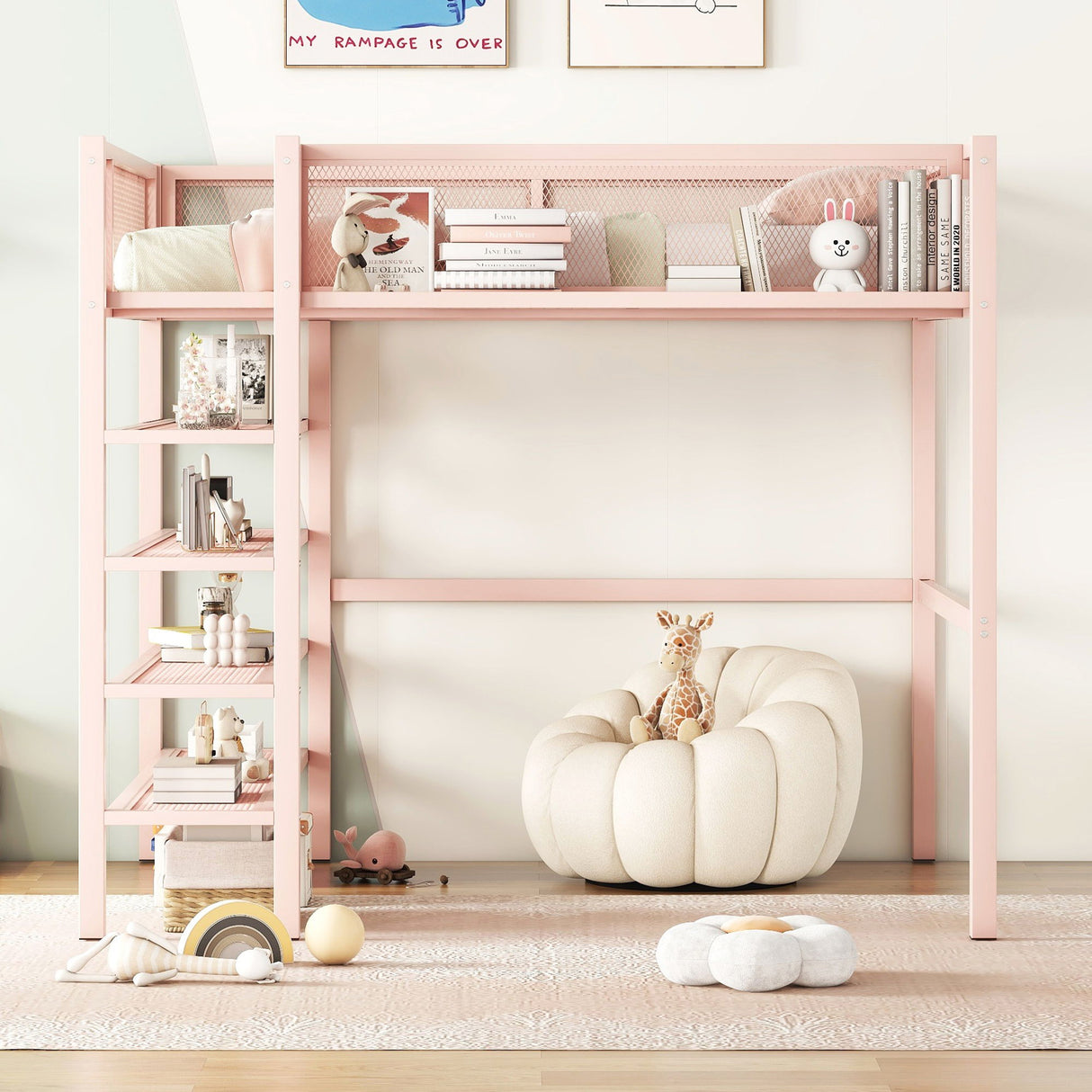 Loft Bed With 4 Tier Shelves And Storage