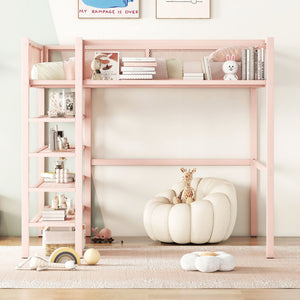 Loft Bed With 4 Tier Shelves And Storage