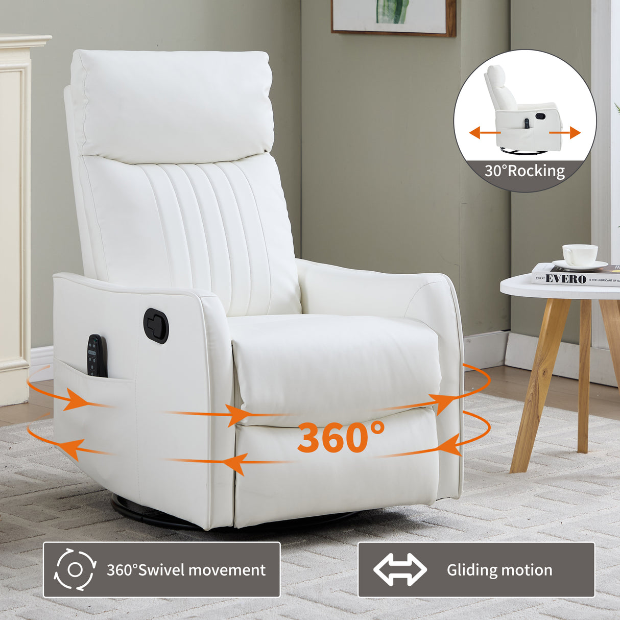 White Heat Massage Manual Recliner Chair with Rocker and Swivel in Faux Leather