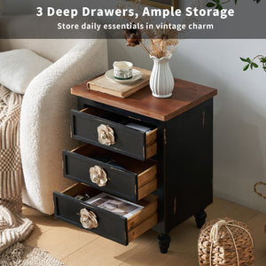 Vintage Farmhouse End Table with Floral Knobs, 19-Inch, 3-Drawer Nightstand, Antique Black
