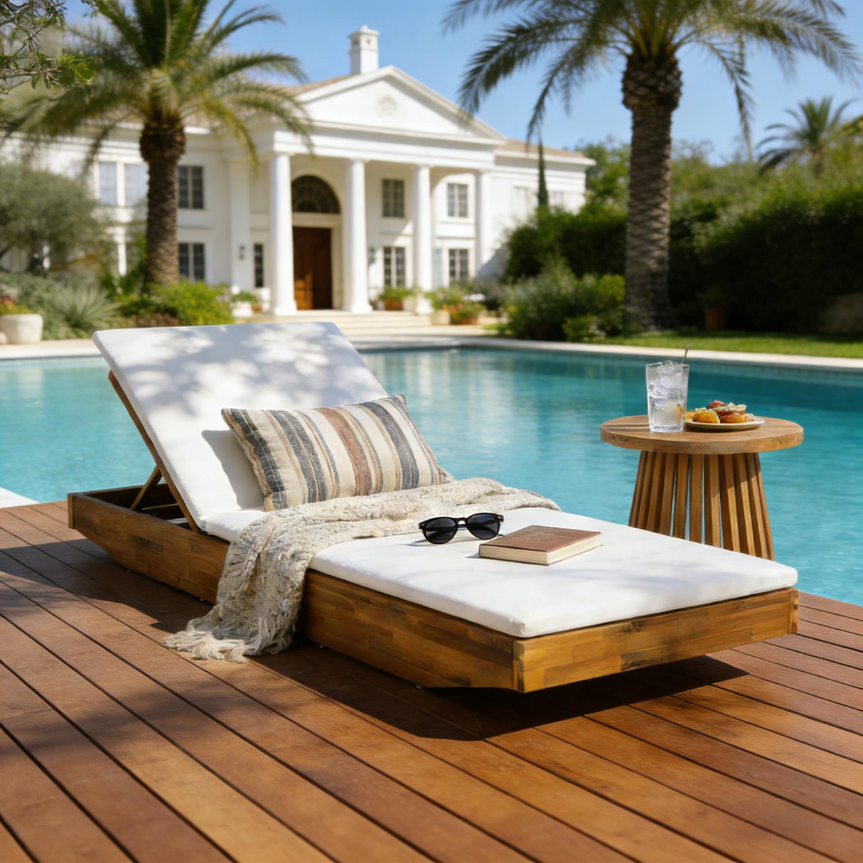 Acacia Wood Chaise Lounge with 2-Fold Thin Cushion - Teak Finish