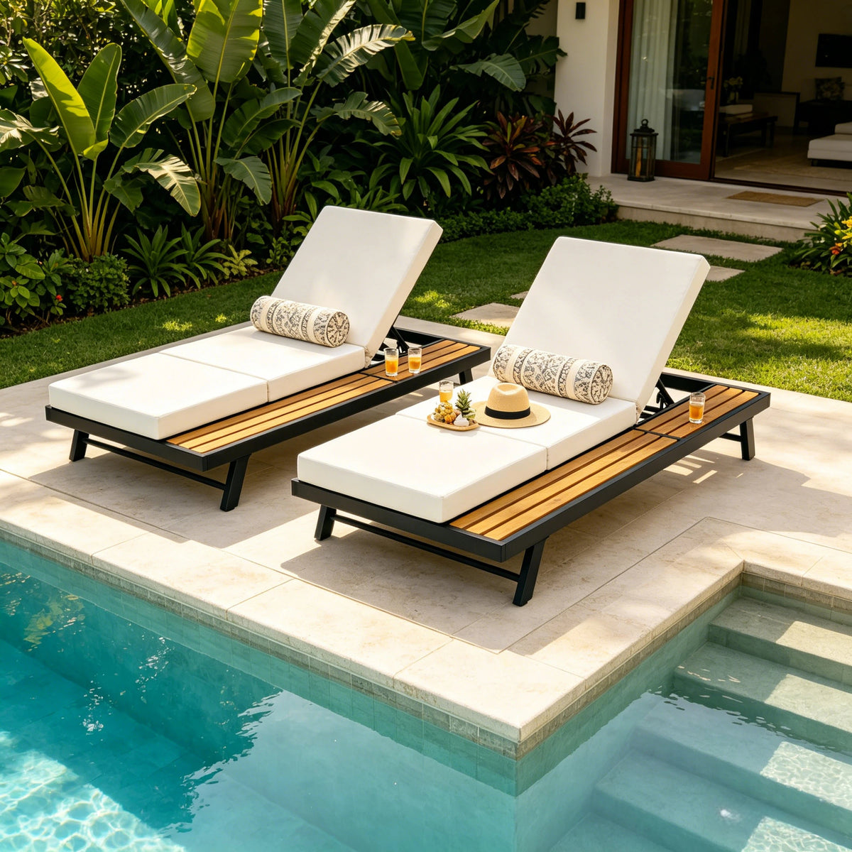 Black Iron + Teak Finish Chaise Lounge Set with Dark Frame