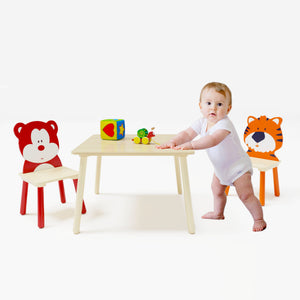 Table And 2 Chairs Set, Activity Play Table Set With Bear & Tiger Design - Natural