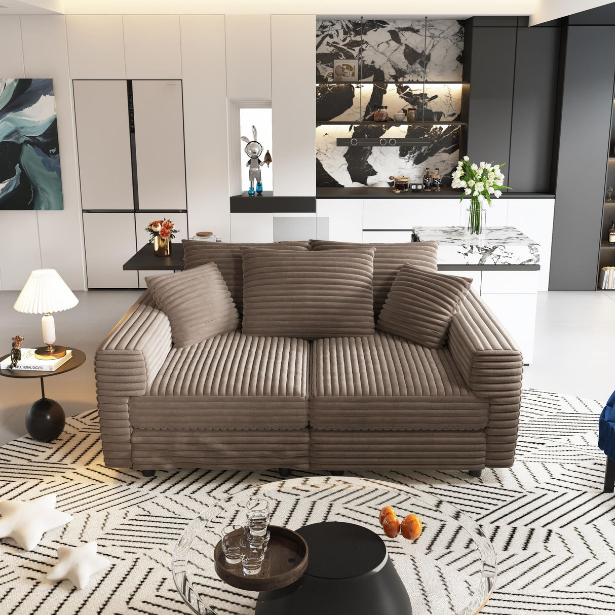 Deep Seat Convertible Sofa With Soft Pillows And Ottomans
