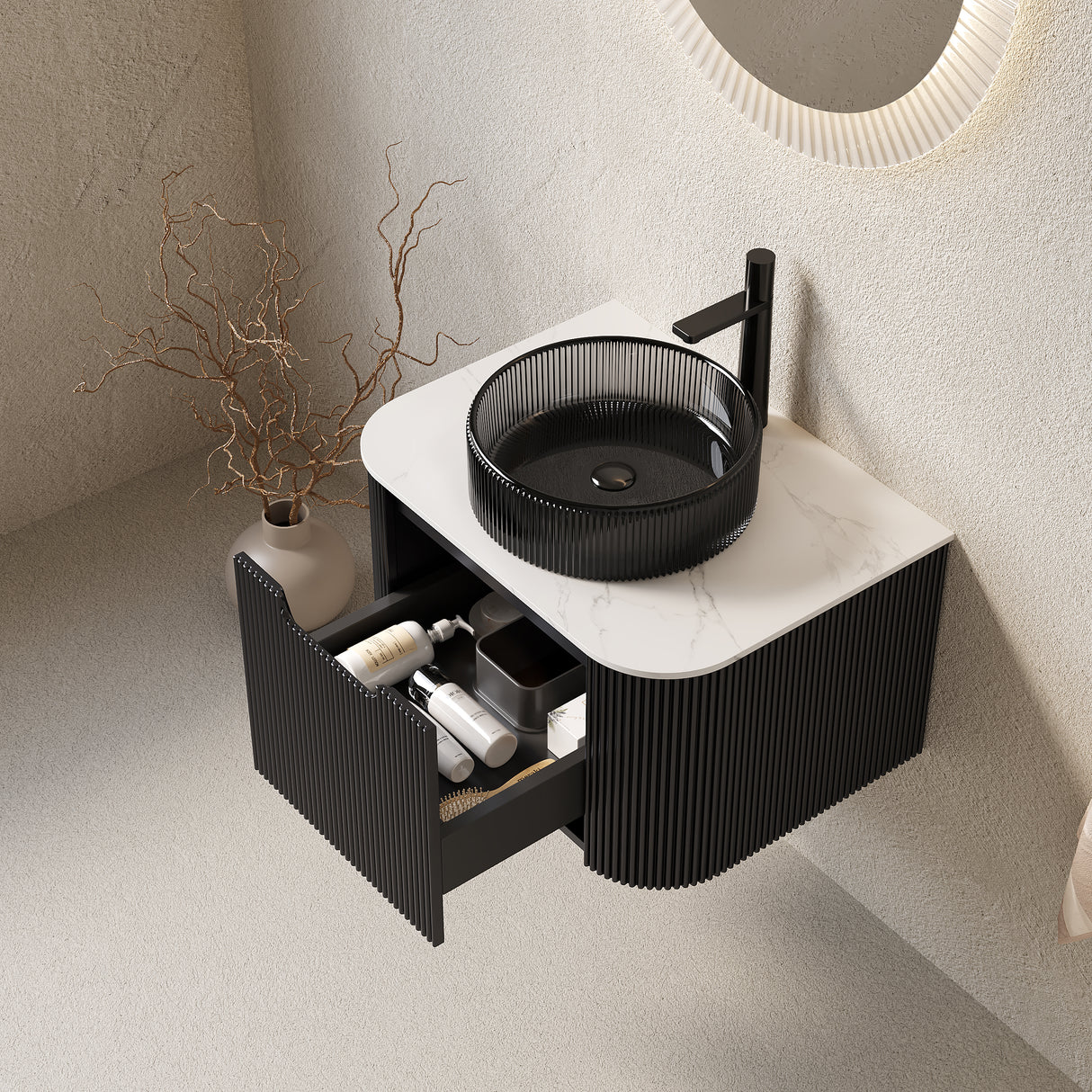 DINA 24" Bathroom Vanity & Sink, Floating Curved Edges with Striped Plywood Cabinet