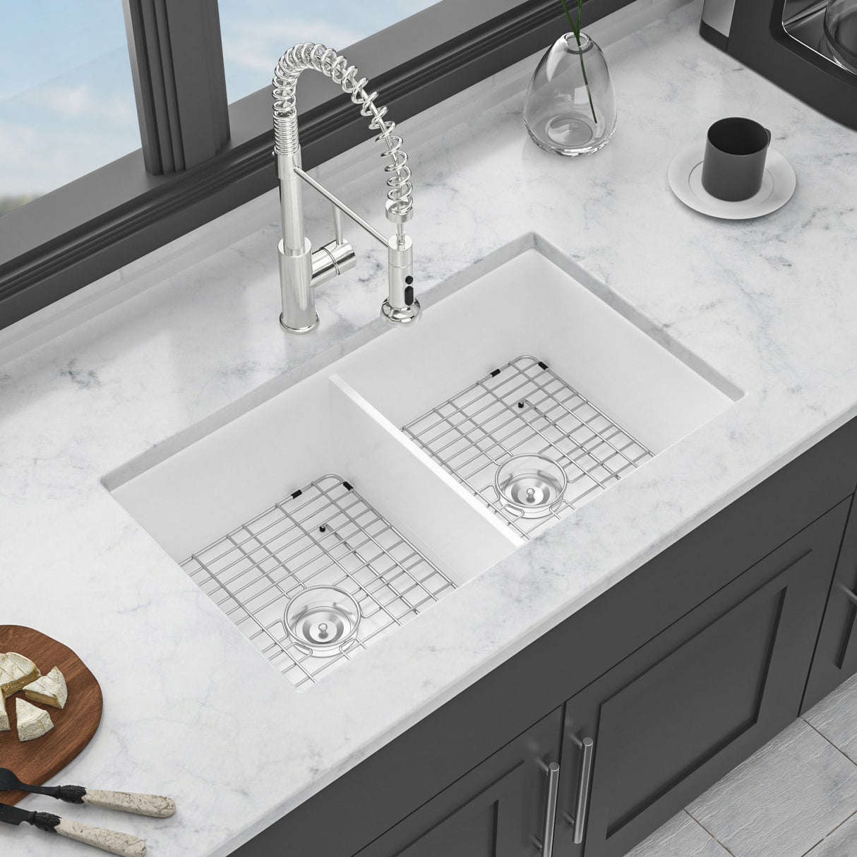 Elegant Dual Mount 32" Undermount Double Bowl Ceramic Kitchen Sink - White