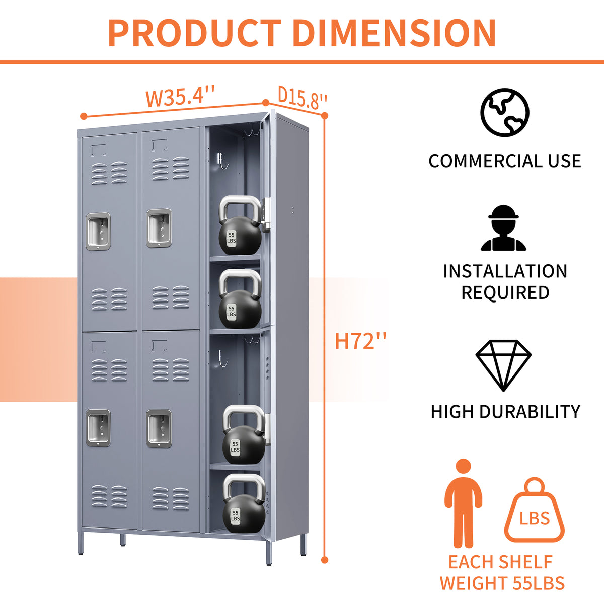 6-Door Metal Locker Cabinet, 72 Inches High, Gray with Individual Locks