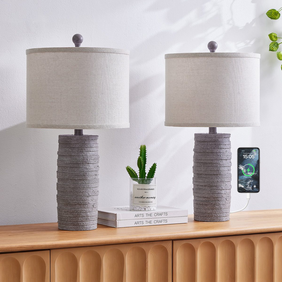 Farmhouse Resin Table Lamp, 22.6-Inch, 3-Way Dimmable with USB Port, Dark Brown, Set of 2