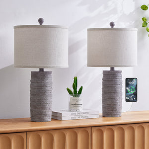 Farmhouse Resin Table Lamp, 22.6-Inch, 3-Way Dimmable with USB Port, Dark Brown, Set of 2
