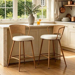 Set of 2 Modern Upholstered Bar Stools with Rattan Backrest