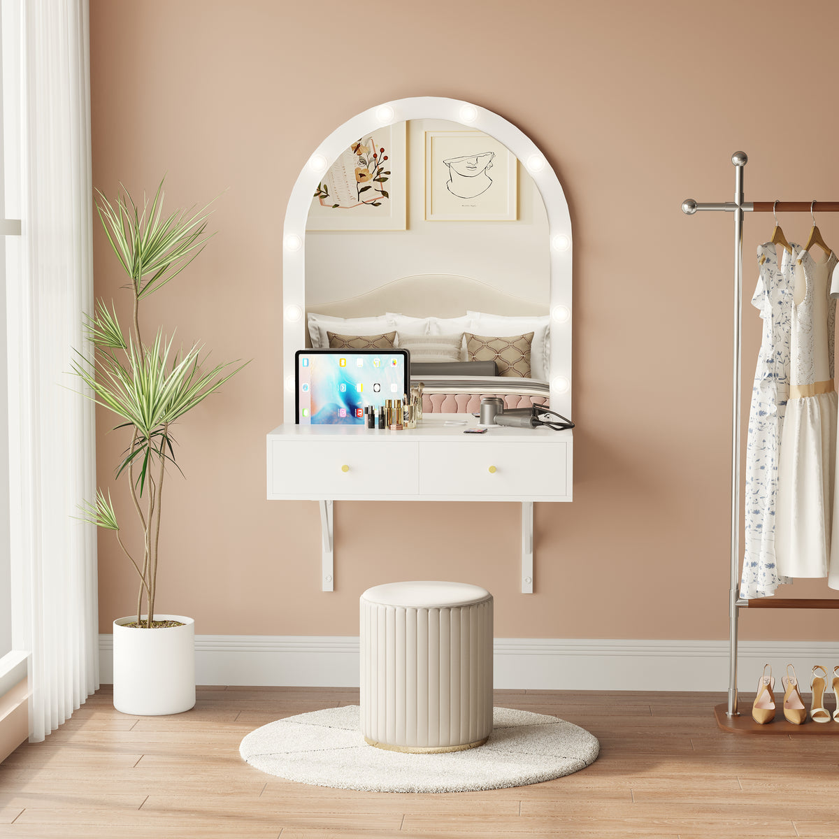 Floating Makeup Vanity Desk with Mirror & 3-Color Lights
