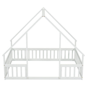 Wood House-Shaped Floor Bed With Fence, Guardrails