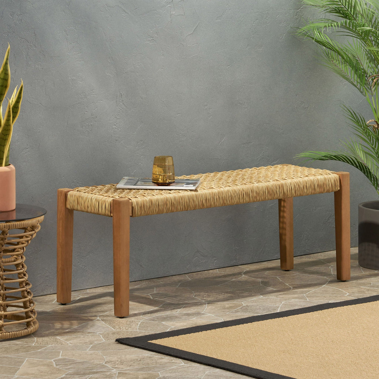 Angie - Bench Outdoor Seating Acacia Wood Faux Rattan - Teak - Best Buy Furniture