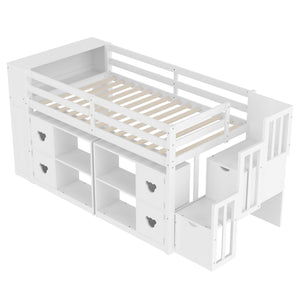 Loft Bed With Storage Cabinets, Staircase Drawers & LED Lights