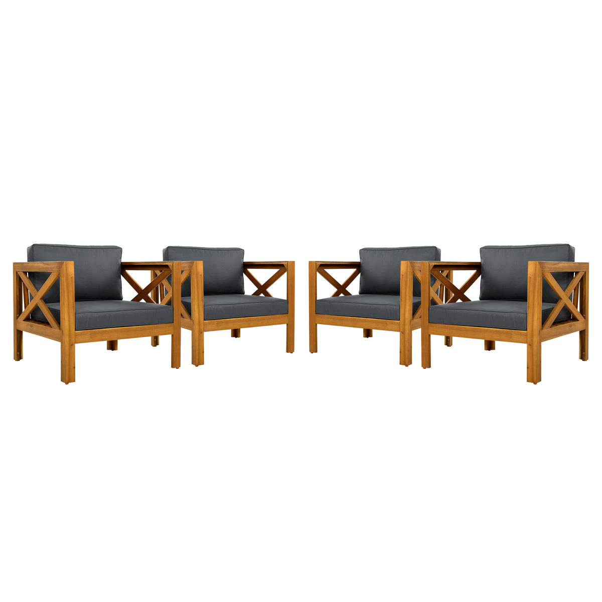 Outdoor Acacia Wood Club Wooden Armchair with Cushions (Set of 4)