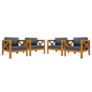 Outdoor Acacia Wood Club Wooden Armchair with Cushions (Set of 4)