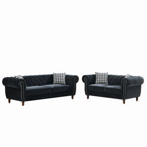 Chesterfield 3 And 2 Seater Upholstery Sofa With Roll Armrest & Nailhead Fabric Couch