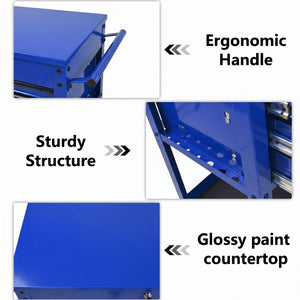 3 Drawers Multifunctional Tool Cart with Wheels and Steel Top - Blue & Black