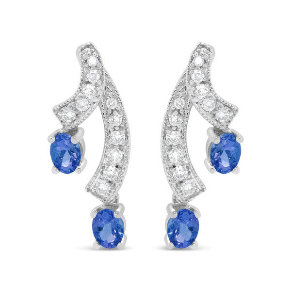 14K White Gold 4x3MM Oval Shaped Natural Blue Tanzanite Gemstone and 1/5 Cttw Diamond Double 3/4" Inch Drop Stud Earrings (H-I Color, VS1-VS2 Clarity)