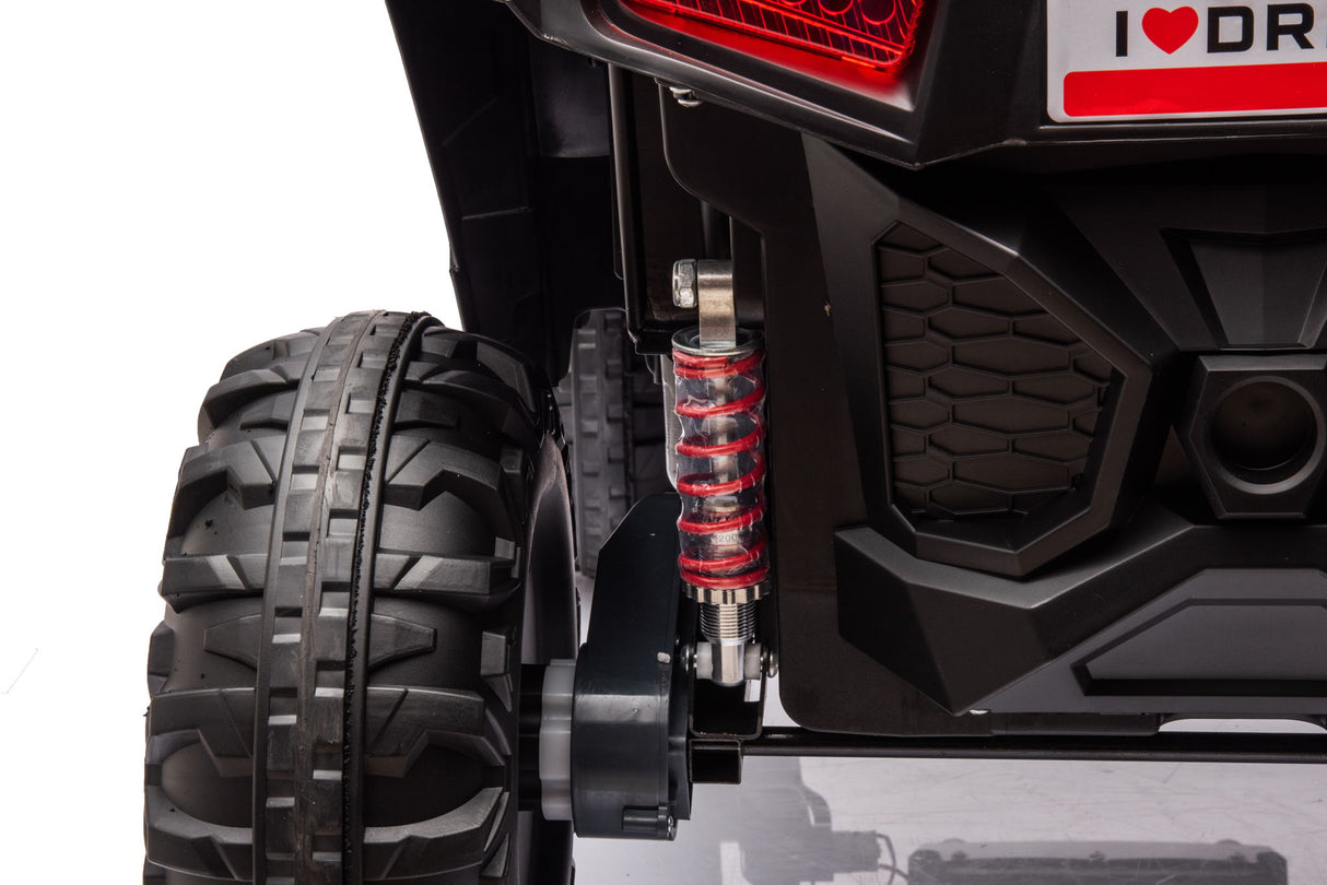 12V7A*1 30W*4 Four-Wheel Drive Seat One Button Start, Forward And Backward, High And Low Speed, Music, Front Light, Power Display, Two Doors Can Open, 2.4G R / C, Seat Belt Four Wheel Absorber