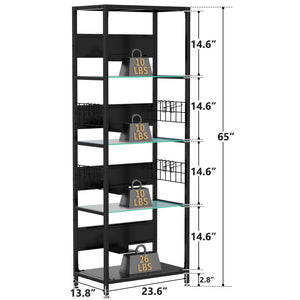 4 Tier Display Shelf With RGB Lights, LED Lighted Curio Cabinet With Adjustable Storage Box & Hooks - Black